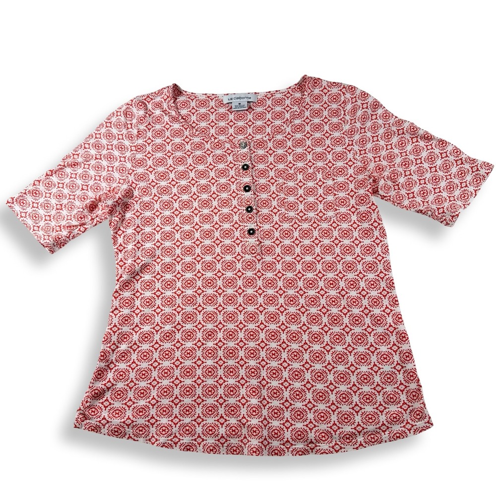 Liz Claiborne Red White Geometric Medallion Henley Short Sleeve Top Medium